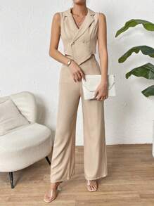 SHEIN Privé Đôi ngực Áo khoác Vest & Quần ống rộng - Màu Khaki - Xem 5