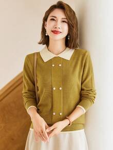 Cổ áo tương phản Đôi ngực Áo len - Màu vàng - Xem 3