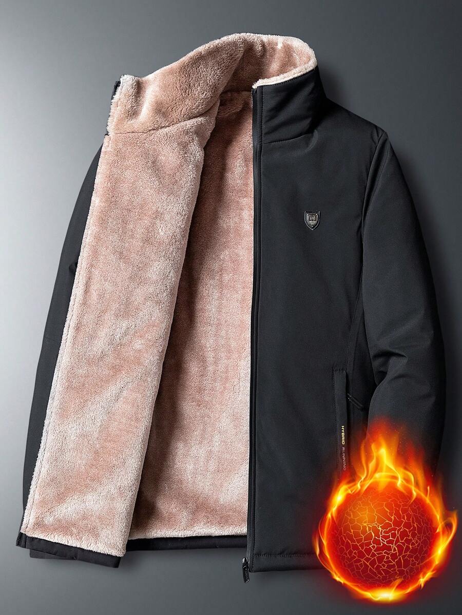 Men Letter Patched Thermal Lined Padded Coat - Black - View 1