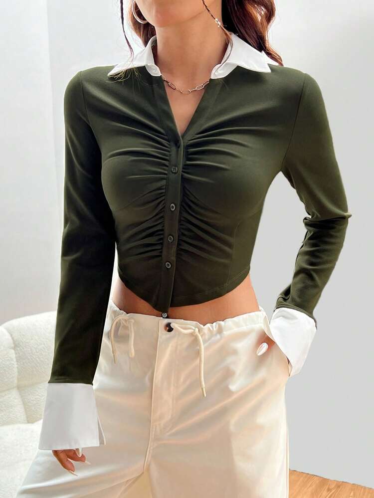 Contrast Trim Ruched Button Front Crop Shirt