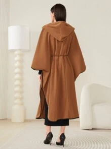 Modelyn 撞色滾邊蝙蝠袖連帽腰帶花呢外套 - 咖啡棕 - 查看 2