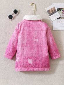 Cô Gái Trẻ In bướm Cổ áo Borg Lót nhiệt Denim Hiệu ứng In Áo khoác Không có áo len - Màu Hồng Tươi - Xem 2