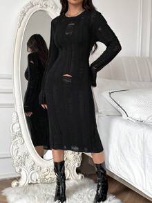 SHEIN Unity Vestido de suéter casual de unicolor desgastado para mujer - Negro - Ver 5