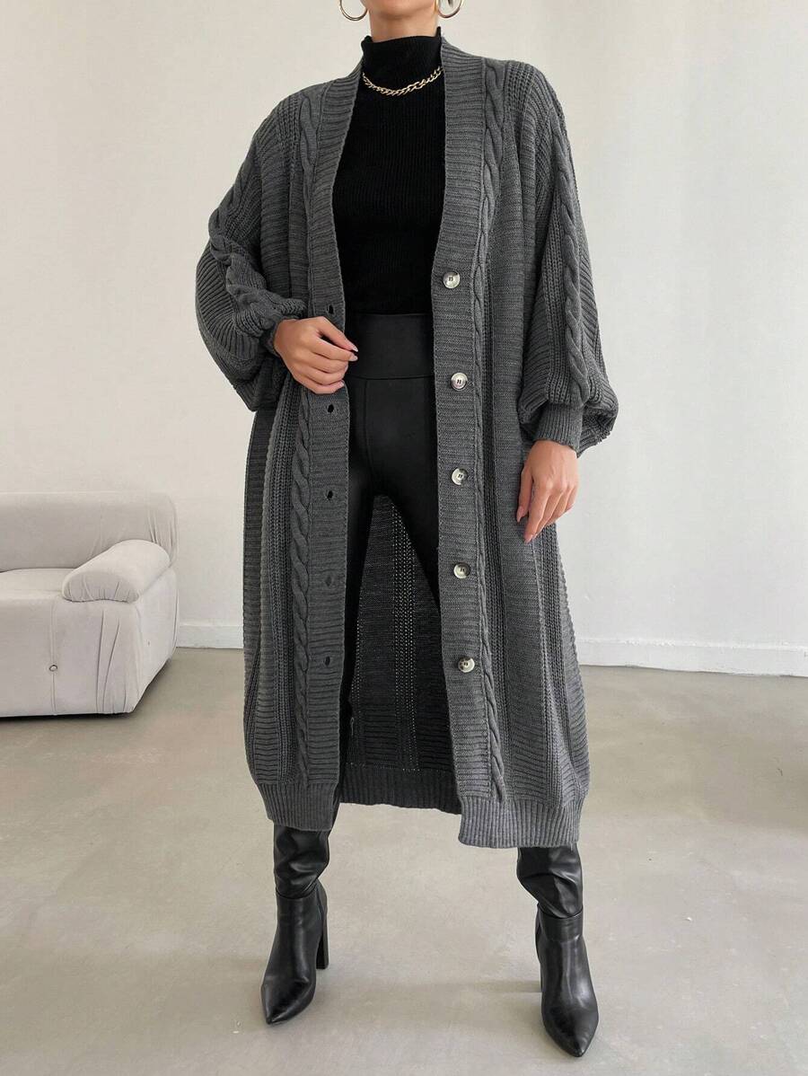 SHEIN Cottnline كارديجان منسوج مضفور منخفض الاكتاف - رمادي - مشاهدة 1