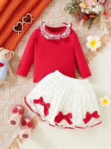SHEIN 2 Stücke/set Baby Mädchen Bluse Mit Rüschenärmeln Und Schleifen Dekoration Sowie Tülle Rock Set