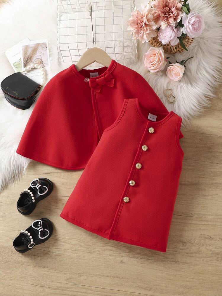 Baby Girl Solid Cape Coat & Button Front Dress