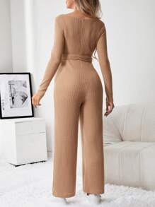 SHEIN Maternity Ribbed Knit Belted Jumpsuit - Khaki - View 2