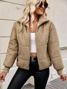 SHEIN Essnce Chaqueta acolchada con cremallera para ropa de invierno - Caqui - Ver 3