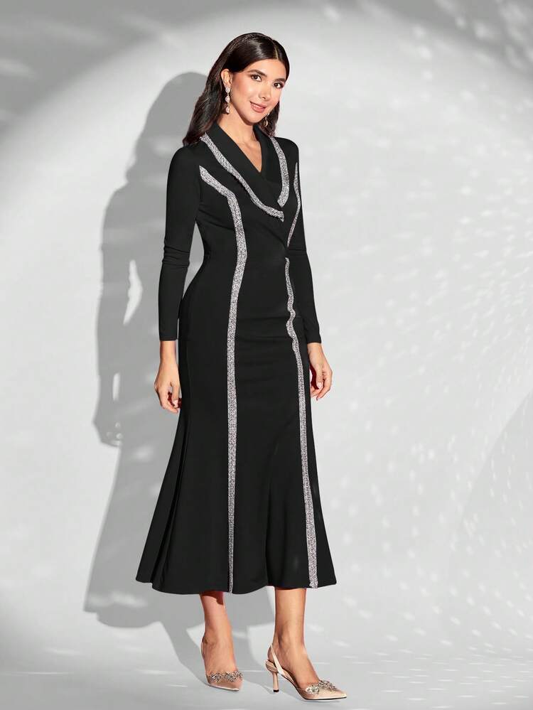 Contrast Trim Shawl Collar Mermaid Hem Dress Without Belt