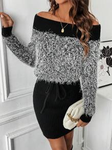 SHEIN Privé Off Shoulder 	
Fuzzy Eo dây rút Đầm Áo len - màu đen - Xem 1