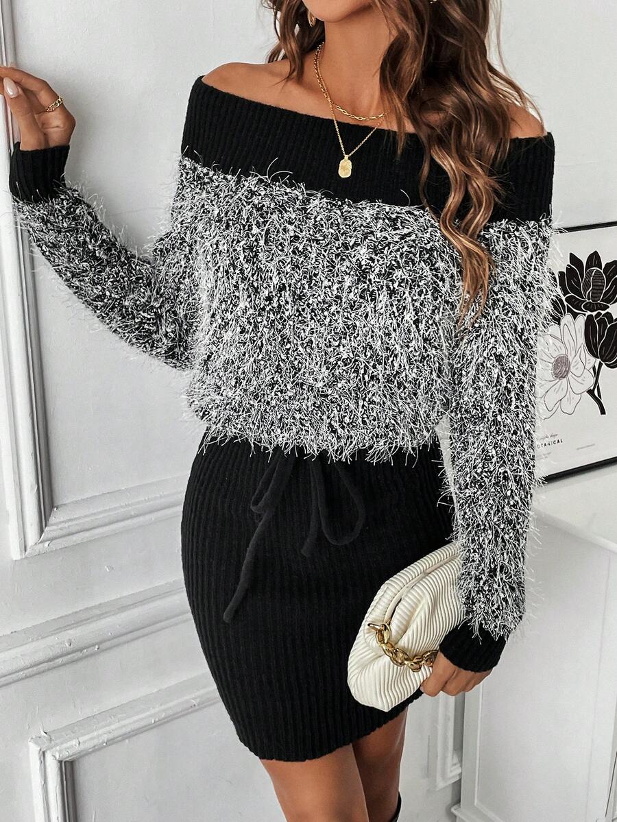 SHEIN Privé Off Shoulder 	
Fuzzy Eo dây rút Đầm Áo len - màu đen - Xem 1