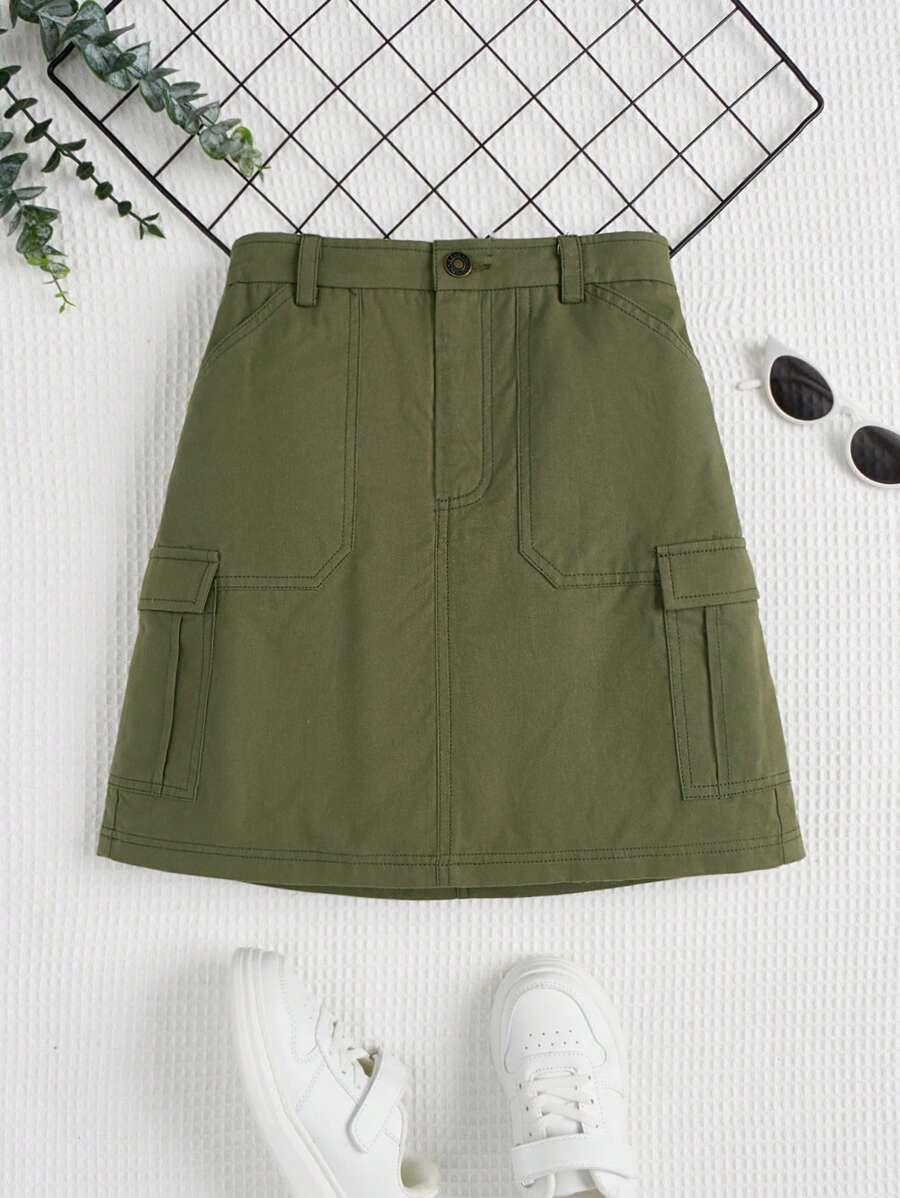 SHEIN 女童純色工裝裙,附蓋口袋和側邊紐帶 - 軍綠色 - 查看 1