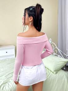 SHEIN MOD Off Shoulder Split Hem Crop Sweater - Pink - View 2