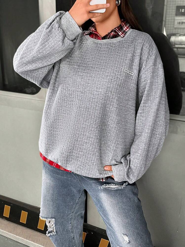 Plus Solid Letter Patched Drop Shoulder Sweatshirt Pullover Fall Sweatshirt