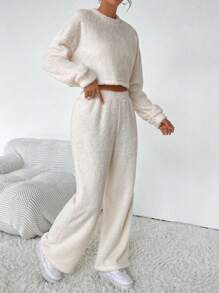 SHEIN Essnce Drop Shoulder Crop Teddy Sweatshirt & Pants - Apricot - View 4