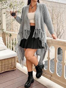 Flirla 大码纯色流苏边开衫 - 灰色 - 查看 5