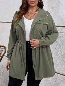 SHEIN LUNE 大碼翻蓋口袋腰部抽繩連帽夾克 - 軍綠色 - 查看 5
