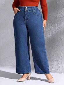 SHEIN LUNE Plus High Waist Wide Leg Jeans - Dark Wash - View 3