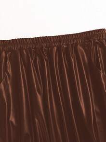 SHEIN Clasi 大碼素色彈性腰帶PU皮革半身裙 - 棕色 - 查看 5