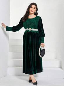 Al Najma Plus Floral Lace Insert Lantern Sleeve Dress - Dark Green - View 6