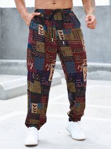 Manfinity RSRT Calças Longas Tapered Men Plus Patchwork Print com Cordão na Cintura, Gráficos Coloridos de Harém, Tamanho Casual - Multicolorido - Visão 5