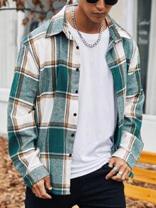 Manfinity Homme Nam Plus In kẻ sọc Nút Lên Áo khoác kiểu sơ mi - màu xanh lá - Xem 4