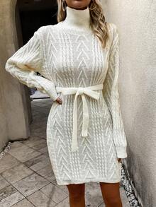Chiquease High Neck Cable Knit Belted Sweater Dress - Apricot - View 5