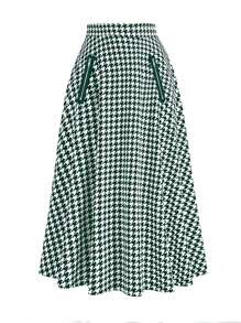 SHEIN Clasi 大碼千鳥格印花喇叭半身裙 - 墨綠色 - 查看 1