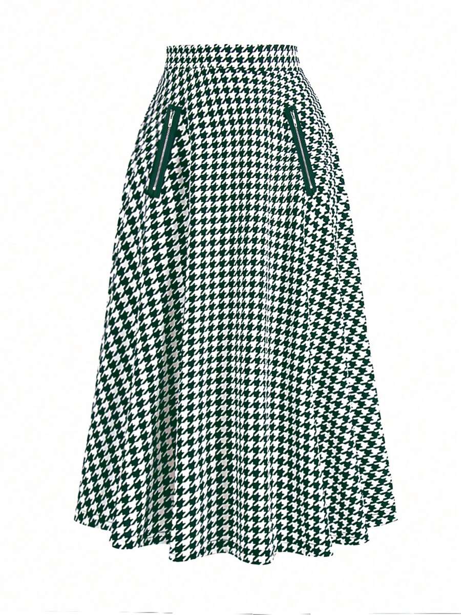 SHEIN Clasi 大碼千鳥格印花喇叭半身裙 - 墨綠色 - 查看 1