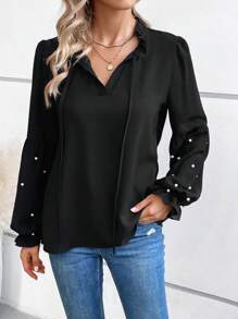 SHEIN Essnce 珍珠串珠燈籠袖繫帶領襯衫 - 黑色 - 查看 1