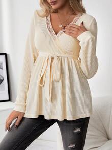 SHEIN Thai sản Trang trí ren Thắt lưng Dệt kim Waffle Áo thun - Màu be - Xem 7