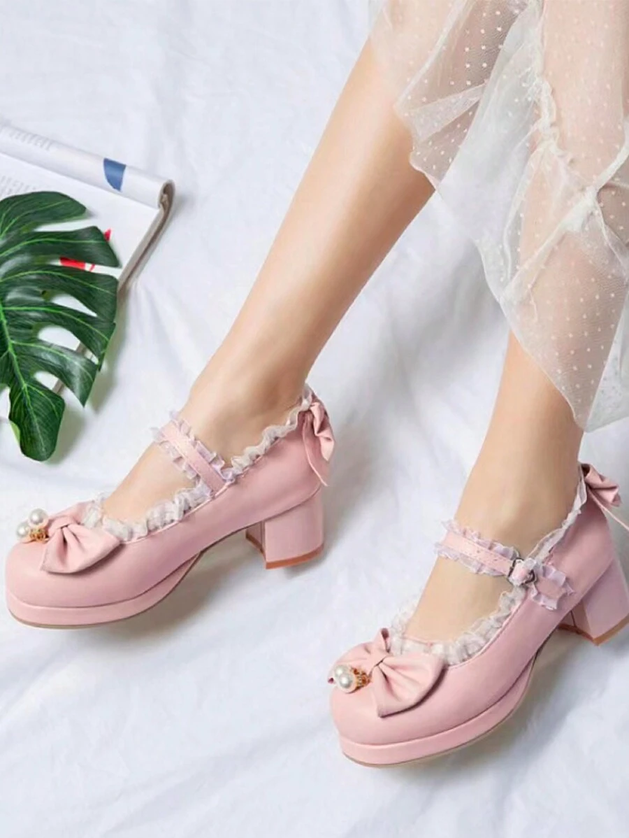 Của phụ nữ Thanh lịch Vintage Trường học Phong cách Giày Mary Jane Với Bowknot , Chi tiết ngọc trai , Chóp giầy tròn , Dày Gót chân Và Chống trượt Đế Đối với Mùa thu - Hồng - Xem 1