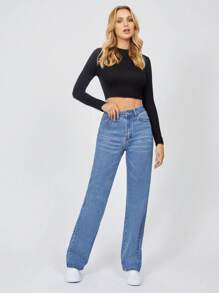 SHEIN Tall 拉鏈門襟直筒牛仔褲 - 淺色水洗藍 - 查看 4