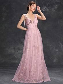 Sequin Star Detail Mesh Formal Dress - Pink - View 6