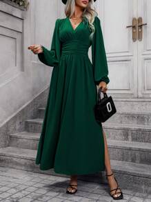 EMERY ROSE Lantern Sleeve Ruched Waist Split Thigh Dress Maxi Women Outfit Fall Cloth For Women - Dark Green - View 7