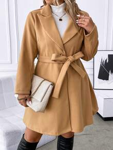 SHEIN Clasi 大碼西裝領腰帶花呢外套 - 卡其色 - 查看 6