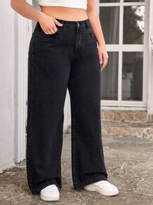 EURMUSE Plus Size Solid Wide Leg Boyfriend Jeans - Black - View 4
