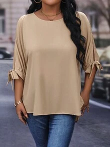 Flirla Hơn Chất rắn Tách Knot Cuff tay cánh Áo sơ mi - Màu Khaki - Xem 5