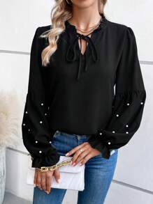 SHEIN Essnce 珍珠串珠燈籠袖繫帶領襯衫 - 黑色 - 查看 6