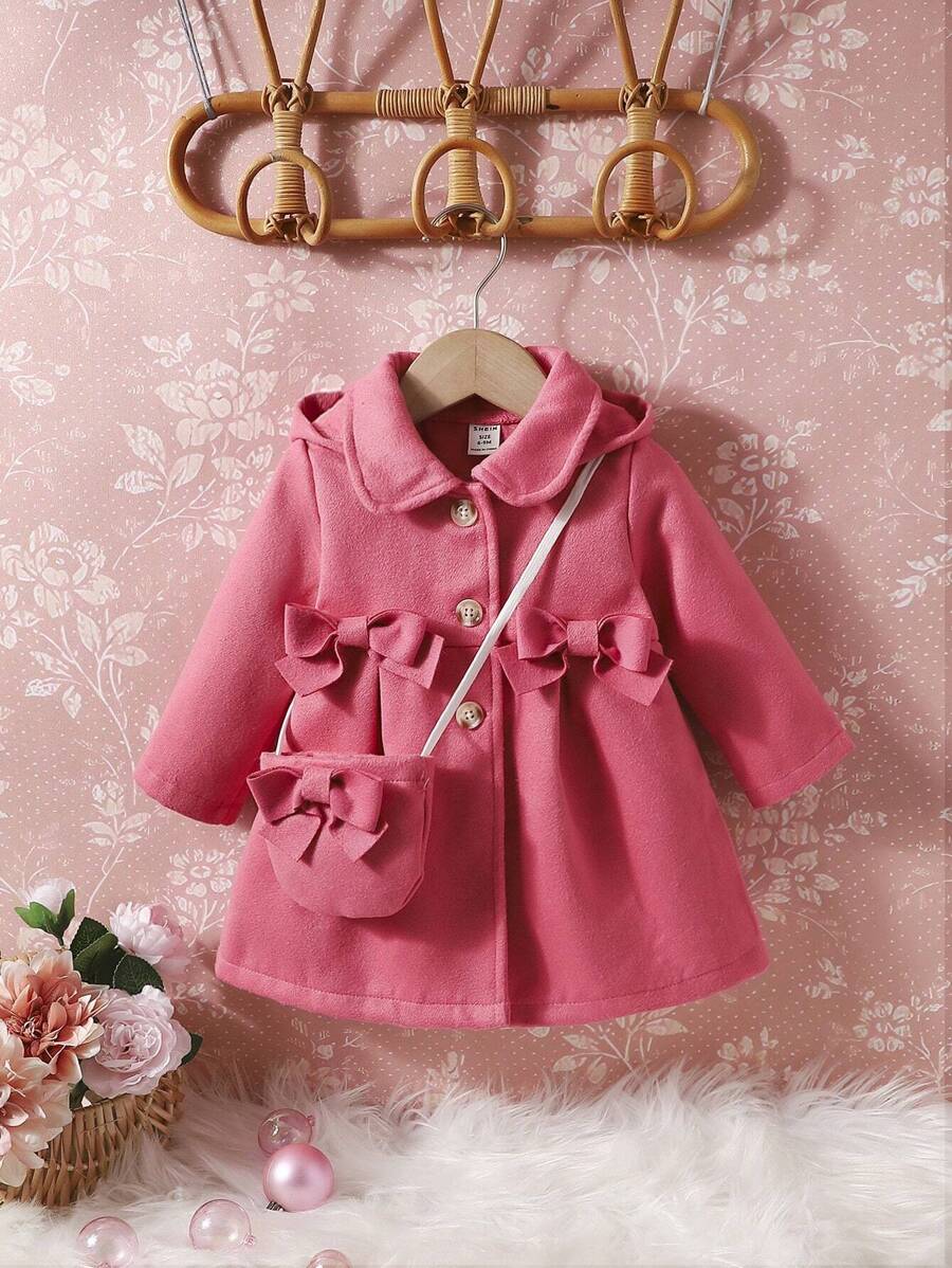 女嬰前蝴蝶結誇大領口花呢外套&包 - 玫紅色 - 查看 1