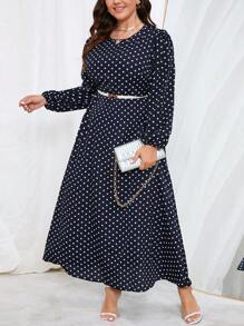 SHEIN Clasi 大碼波點圖案燈籠袖洋裝不附腰帶 - 藏蓝色 - 查看 1