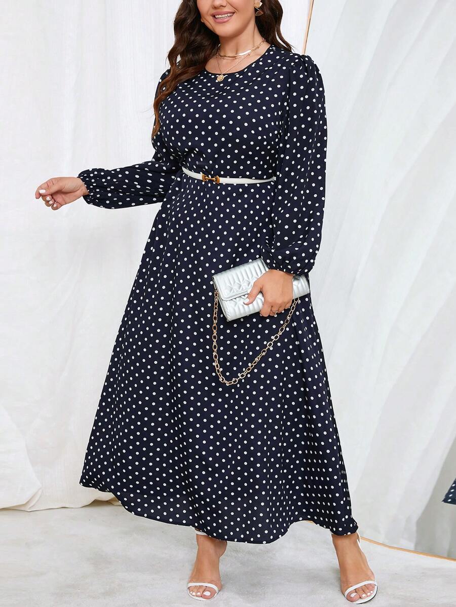 SHEIN Clasi 大碼波點圖案燈籠袖洋裝不附腰帶 - 藏蓝色 - 查看 1