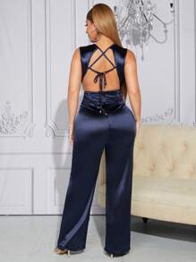 SHEIN SXY Plunging Neck Ruffle Trim Cut Out Satin Jumpsuit