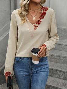 SHEIN LUNE Đồ trang trí hoa Tay áo lồng đèn Áo sơ mi - Màu be - Xem 6