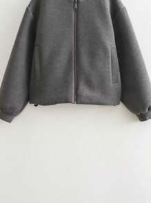 Solid Zip Up Bomber Jacket - Grey - View 7