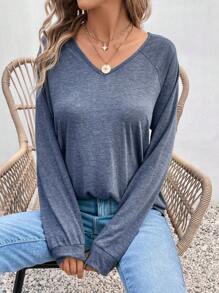 SHEIN Frenchy 蕾絲拼接插肩袖T恤 - 藏蓝色 - 查看 4