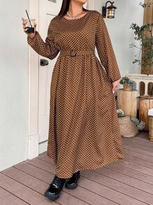 SHEIN LUNE Plus Polka Dot Print Belted Dress - Brown - View 6