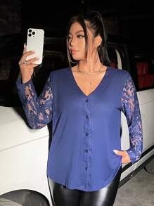 Celure Talla grande Camiseta con encaje en contraste con botón delantero - azul real - Ver 1