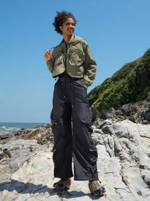 In My Nature Contrast Piping Zip Up Hooded Softshell Jacket - Olive Green - View 4