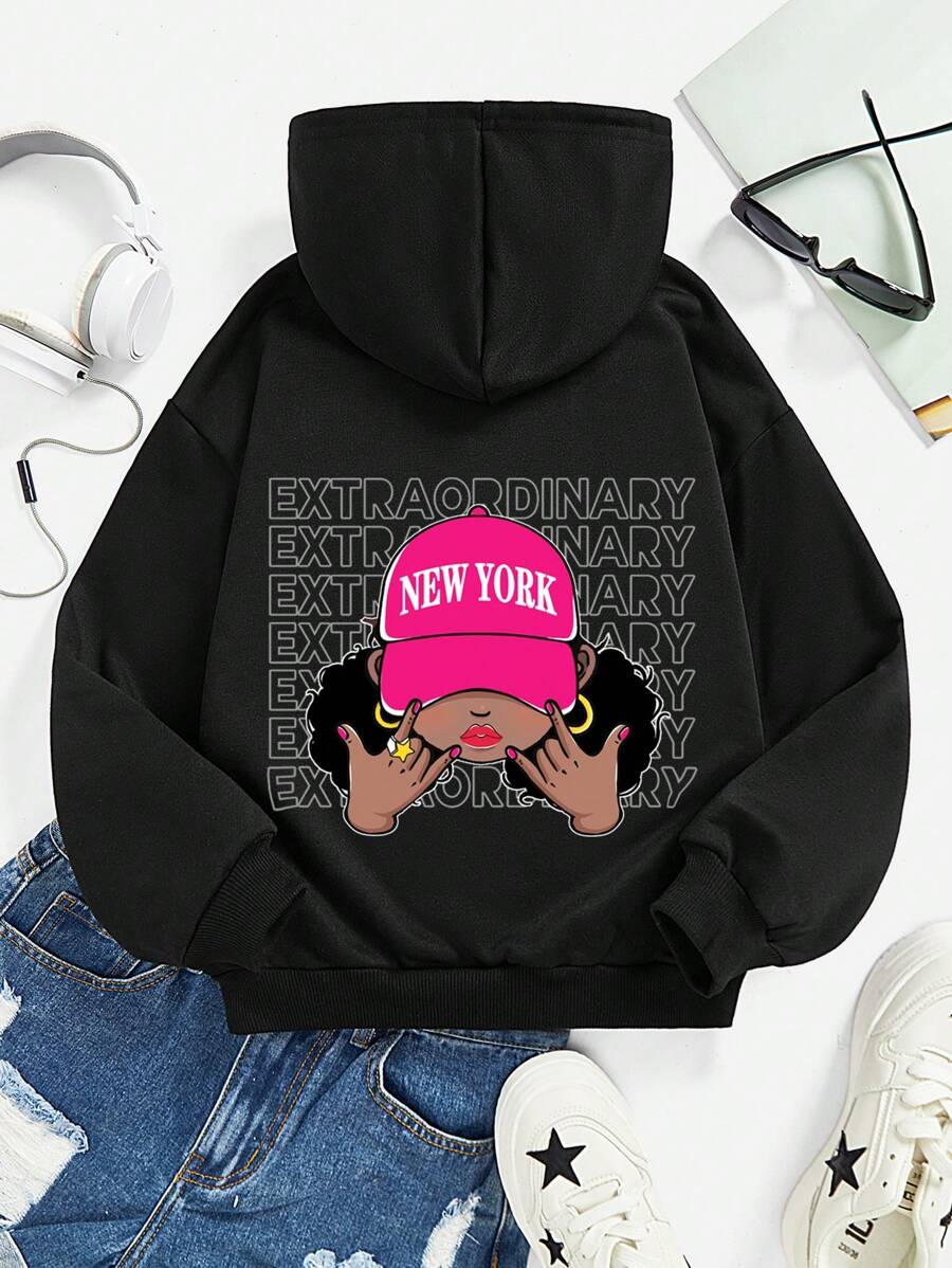 Áo nỉ giữ nhiệt lót lông in chữ và hình dành cho bé gái tuổi teen - màu đen - Xem 1